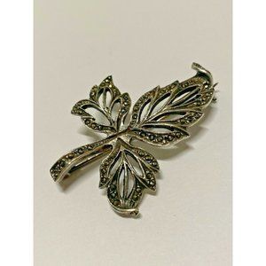 925 Sterling Silver Leaf Brooch • Pave Marcasite Figural Cluster Pin